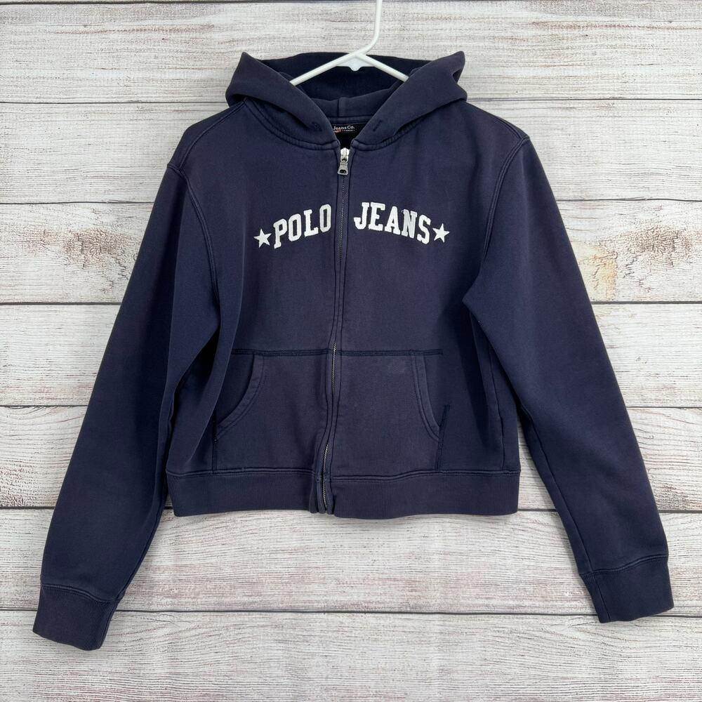 Ralph Lauren‎ Polo Jeans Co Embroidered Crop Hoodie Womens Large Blue Slim